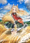  1girl animal_ears archetto_(arknights) arknights blonde_hair blue_eyes capelet epaulettes heterochromia highres holding long_hair nanaponi parted_lips red_capelet red_eyes skirt solo wavy_hair wheat wheat_field 