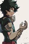  1boy bangs belt black_hair bodysuit boku_no_hero_academia brown_belt closed_mouth elbow_gloves freckles from_side gloves green_bodysuit green_eyes green_hair grey_background highres holding_own_wrist hood hood_down hooded_bodysuit male_focus mask messy_hair midoriya_izuku mouth_mask nakamu_405 short_hair simple_background smile solo twitter_username upper_body white_gloves 