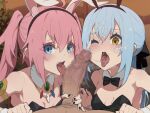  2girls :d animal_ears bare_shoulders black_bow black_leotard black_nails black_neckwear blue_eyes blush bow bowtie breast_press breasts bunny_ears censored cum cum_on_hair cum_string facial fake_animal_ears fellatio fingernails hair_bow hairband jewelry kakure_eria leotard milim_nava mosaic_censoring multiple_fellatio multiple_girls nail_polish necklace one_eye_closed open_mouth oral penis pink_hair playboy_bunny ponytail projectile_cum rimuru_tempest small_breasts smile tensei_shitara_slime_datta_ken twintails wristband yellow_eyes 