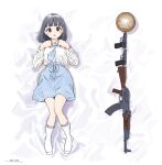  1girl bed_sheet blue_skirt blush bob_cut bread bread_bun collared_shirt commentary dakimakura_(medium) dated eniwa_shii food gun hair_ornament hairclip handgun horikou knees_together_feet_apart long_sleeves looking_at_viewer lying makarov_pm mole mole_under_eye mpi-km no_shoes on_back shirt skirt socks striped striped_neckwear super_cub walther walther_ppk weapon white_legwear wide-eyed 