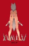  1girl animal_ears arknights back back_tattoo bare_shoulders barefoot dual_wielding full_body grey_hair highres holding holding_knife holding_weapon knife knifedragon medium_hair nude projekt_red_(arknights) red_background scar solo standing tail tattoo weapon wolf_ears wolf_tail 