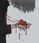  1boy absurdres avogado6 bags_under_eyes black_shirt blood blood_string commentary_request cupping_hands cut_marks from_side grey_background heart heart_out_of_chest highres looking_down male_focus original shirt simple_background solo 