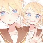  1boy 1girl bass_clef blonde_hair blue_eyes blush bow brother_and_sister collarbone detached_sleeves eyebrows_visible_through_hair hair_bow hair_ornament hairclip half-closed_eyes heart kagamine_len kagamine_rin open_mouth sailor_collar siblings smile tareme tono_kabeuchi twins v vocaloid 