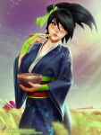  1girl akali black_hair blush bowl brown_eyes chopsticks chopsticks_in_mouth cloud cowboy_shot day eating field fingerless_gloves floral_print food food_in_mouth gloves grass grasslands green_gloves green_ribbon hair_ribbon highres holding holding_bowl japanese_clothes kimono league_of_legends lips looking_to_the_side mountain noodles obi ponytail ramen ribbon sash signature solo sunlight themaestronoob yukata 