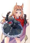 1girl :d absurdres animal_ears archetto_(arknights) arknights black_corset black_dress blonde_hair blue_eyes cape commentary corset cowboy_shot dress fang gloves heterochromia highres infection_monitor_(arknights) long_hair looking_at_viewer open_mouth paw_pose red_cape red_eyes shaoxiao skin_fang smile tail wrist_guards 