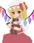  1girl :o antidote back_bow bangs blonde_hair blush bow cowboy_shot crystal eyebrows_visible_through_hair flandre_scarlet frilled_shirt_collar frills hair_bow hat highres holding holding_stuffed_toy medium_hair mob_cap one_side_up parted_lips puffy_short_sleeves puffy_sleeves red_bow red_eyes red_skirt red_vest short_sleeves simple_background skirt solo stuffed_animal stuffed_toy teddy_bear touhou vest white_background white_bow white_headwear wings wrist_cuffs 