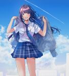 1girl bangs blue_neckwear blue_skirt blue_sky blush building cloud condensation_trail fly_(marguerite) grey_jacket hands_up highres holding jacket long_hair long_sleeves looking_at_viewer necktie open_mouth original outdoors plaid plaid_skirt pleated_skirt purple_eyes purple_hair school_uniform shirt short_sleeves skirt sky smile solo standing white_shirt 