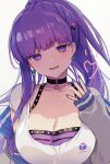  1girl bangs bb_(fate) bb_(fate)_(all) blush breasts cleavage collar contemporary earrings fate/extra fate/extra_ccc fate_(series) jewelry large_breasts long_hair long_sleeves looking_at_viewer off_shoulder open_mouth ponytail purple_eyes purple_hair revision smile solo very_long_hair vivi_(eve_no_hakoniwa) 