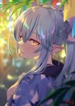  1girl bangs blue_hair blurry blurry_background blurry_foreground blush brown_eyes closed_mouth commentary_request depth_of_field elf eyebrows_visible_through_hair hair_between_eyes hand_up highres hololive leaf long_hair looking_at_viewer multicolored_hair pointy_ears shimotsuki_shio smile snowflake_print solo streaked_hair tanabata tanzaku translation_request virtual_youtuber yukihana_lamy 