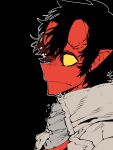  1girl black_background black_hair blank_eyes broken_horn closed_mouth colored_sclera from_side genderswap genderswap_(mtf) hellboy hellboy_(comic) highres horns pointy_ears profile simple_background solo ssambatea upper_body yellow_sclera 
