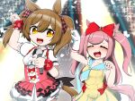  2girls agnes_digital_(umamusume) animal_ears blush brown_hair closed_eyes dancing gloves highres horse_ears horse_girl kanzaki_ryuto long_hair looking_at_viewer medium_hair multiple_girls pink_hair pose smart_falcon_(umamusume) stage stage_lights tears umamusume 