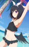  1girl arm_up armpits bangs bikini bird black_bikini black_hair black_wings blue_archive breasts cloud day dutch_angle eyebrows_visible_through_hair hair_ribbon halo highres holding_own_arm ishida_seito low_wings mashiro_(blue_archive) navel ocean palms purple_eyes ribbon short_hair sky small_breasts smile solo standing stretch swimsuit water white_ribbon wings 