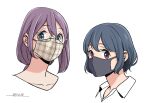  2girls black_mask blue_hair collarbone collared_shirt commentary_request dated eyebrows_visible_through_hair glasses hair_between_eyes head_only horikou kagamihara_shizuka mask mouth_mask multiple_girls purple_eyes shima_saki shirt signature trait_connection yurucamp 