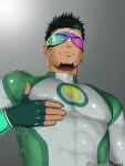  1boy bandaid bandaid_on_cheek bandaid_on_nose bara black_hair bodysuit covered_abs dark-skinned_male dark_skin facial_hair fingerless_gloves from_below gloves goatee grabbing green_bodysuit green_hair highres jashin_doruton kyoichi_(live_a_hero) large_pectorals live_a_hero looking_at_viewer male_focus multicolored_hair muscular muscular_male pectoral_grab pectorals self_fondle short_hair sideburns smirk smug solo streaked_hair upper_body white_bodysuit 