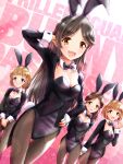  4girls animal_ears ayase_honoka background_text bangs black_coat black_hair black_legwear black_leotard black_neckwear blue_eyes bow bowtie breasts brown_eyes bunny_ears bunny_tail cleavage coat detached_collar dutch_angle fishnet_legwear fishnets frilled_square_(idolmaster) haua highres idolmaster idolmaster_cinderella_girls kitami_yuzu kudou_shinobu leotard light_brown_hair long_hair looking_at_viewer medium_breasts momoi_azuki multiple_girls orange_eyes pantyhose parted_bangs playboy_bunny short_hair standing strapless strapless_leotard tail tailcoat wrist_cuffs 