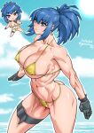  abs ass bangs biceps bikini black_gloves blue_eyes blue_hair blue_sky bra breasts chibi cloud collarbone covered_nipples earrings gloves highres jackasss jewelry large_breasts leg_strap leona_heidern midriff muscular muscular_female navel ocean ponytail sky swimsuit the_king_of_fighters thong triangle_earrings underwear yellow_bikini yellow_bra 