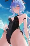  1girl absurdres animal_ears arm_strap bare_shoulders black_leotard blue_hair blue_sky blush bow bowtie breasts bunny_ears covered_navel cowboy_shot detached_collar ganyu_(genshin_impact) genshin_impact groin highleg highleg_leotard highres horns leotard looking_at_viewer parted_lips playboy_bunny purple_eyes sky small_breasts solo strigidae wrist_cuffs 