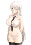  1girl absurdres arms_behind_back azur_lane bare_shoulders between_breasts bikini black_legwear breasts character_request check_character cleavage collar enterprise_(azur_lane) eyebrows_visible_through_hair highres large_breasts long_hair lordol navel necktie necktie_between_breasts purple_eyes simple_background solo standing swimsuit thighhighs white_bikini white_hair 