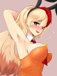  animal_ears armpits bird bird_wings blush breasts bunny_ears chick chicken detached_collar fake_animal_ears feathered_wings highres leotard looking_at_viewer medium_breasts multicolored_hair nama_shirasu niwatari_kutaka open_mouth orange_leotard playboy_bunny red_eyes red_neckwear strapless strapless_leotard sweatdrop touhou two-tone_hair wings yellow_wings 