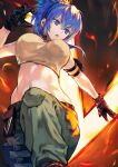  1girl bangs bare_shoulders belt blue_eyes blue_hair breasts brown_gloves camouflage camouflage_pants cleavage collarbone dog_tags earrings fire gloves green_pants hair_between_eyes highres jewelry large_breasts leona_heidern long_hair looking_down midriff navel open_mouth otsudou pants parted_lips ponytail solo stomach tank_top the_king_of_fighters the_king_of_fighters_xv 