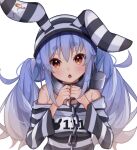  1girl :o animal_ears bare_shoulders blue_hair blush bunny_ears hikimayu hololive long_hair looking_at_viewer messy_hair multicolored_hair open_mouth orange_eyes prison_clothes rabbit_girl short_eyebrows simple_background solo temari_maco thick_eyebrows twintails two-tone_hair upper_body usada_pekora virtual_youtuber white_background white_hair 