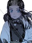  1girl ainu_clothes asirpa bandana bangs belt black_hair blue_eyes choker earrings floating_hair golden_kamuy highres hoop_earrings jewelry long_hair looking_at_viewer quuuur_gk 