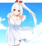  1girl arms_behind_back bare_shoulders blue_sky blush bow breasts cleavage closed_mouth cloud cowboy_shot dress facing_viewer hair_bow highres leaning_forward long_hair looking_at_viewer medium_breasts nyanmaru_(ememing) original platinum_blonde_hair ponytail red_bow red_eyes see-through sky smile solo sundress white_dress 