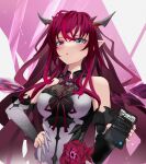  +_+ 1girl :o absurdres aqua_eyes bangs bare_shoulders black_dress cellphone character_name detached_sleeves dress flower grey_horns hair_between_eyes hand_on_hip heterochromia highres holding holding_phone hololive hololive_english horns irys_(hololive) long_hair looking_at_viewer phone pink_background pink_eyes red_flower red_hair signature smartphone solo twitter two-tone_background two-tone_dress white_background white_dress yo_na 