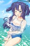  1girl blue_archive blush breasts cleavage collarbone commentary hair_ornament halo highres lens_flare medium_breasts ocean one_eye_closed purple_eyes purple_hair rokukyugo shirt sky solo swimsuit wet wet_clothes yuuka_(blue_archive) 