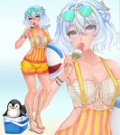  1girl artist_name ball bare_shoulders beachball bird blue-tinted_eyewear blue_background blue_eyes blue_hair bow braid breasts cleavage commentary commission cooler dated english_commentary eyewear_on_head food french_braid hair_between_eyes head_tilt highres holding looking_at_viewer medium_breasts medium_hair original penguin popsicle red_bow sandals short_shorts shorts solo standing sunglasses suspender_shorts suspenders temachii wristband yellow_shorts zoom_layer 