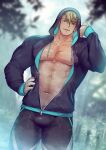  1boy :q abs bara bare_pectorals beard black_hoodie black_jacket black_legwear blonde_hair blue_eyes bulge chest_hair covered_nipples facial_hair feet_out_of_frame grey_shorts hairy hand_on_hip highres hood hood_up hooded_jacket hoodie jacket large_pectorals leggings looking_at_viewer male_focus mature_male messy_hair muscular muscular_male navel navel_hair nipples open_clothes open_jacket original pectorals pubic_hair pubic_hair_peek short_hair shorts smirk solo steam stomach stubble tongue tongue_out unzipped waku_(ayamix) 