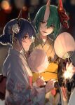  2girls absurdres arknights blue_hair blurry bokeh ch&#039;en_(arknights) commentary cotton_candy depth_of_field dragon_horns fan flower food from_side green_hair hair_bun hair_flower hair_ornament highres holding holding_fan holding_food holding_sparkler horns hoshiguma_(arknights) japanese_clothes kimono long_hair looking_at_another lyas multiple_girls obi oni_mask red_eyes red_sash sash short_hair_with_long_locks single_horn smile symbol_commentary upper_body white_flower white_kimono yellow_eyes yellow_kimono yellow_sash 