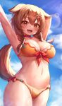  1girl :d animal_ears arm_up armpits bangs bikini blue_sky blush bone_hair_ornament braid breasts brown_eyes brown_hair cartoon_bone cleavage cloud collar day deaver dog_ears dog_girl dog_tail fangs hair_between_eyes hair_ornament highres hololive inugami_korone large_breasts looking_at_viewer navel open_mouth outdoors red_collar sky smile solo swimsuit tail twin_braids virtual_youtuber 