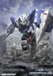  arm_blade battle_spirits charging_forward green_eyes gundam gundam_00 gundam_exia holding holding_shield looking_at_viewer mecha mobile_suit morishita_naochika no_humans official_art shield smoke solo v-fin weapon 