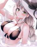  1girl aquila_(azur_lane) aquila_(sardegnian_shallows_and_sunshine)_(azur_lane) arm_up azur_lane bare_arms bare_shoulders bikini black_bikini braid breasts choker cleavage closed_mouth collarbone front-tie_bikini front-tie_top frown green_eyes hair_between_eyes hat highres jewelry large_breasts lkeris long_hair looking_at_viewer necklace partially_submerged ripples shawl silver_hair single_braid solo sun_hat swimsuit water wet white_choker white_headwear 