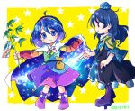  2girls :3 ahoge armor bag bangs blue_dress blue_eyes blue_headwear blush boots border bow branch cape chibi closed_mouth dark_blue_hair dated dress footwear_bow from_side full_body geta hairband hat holding holding_branch holding_plant iizunamaru_megumu long_hair long_sleeves looking_at_another looking_at_viewer medium_hair multicolored multicolored_clothes multicolored_dress multicolored_hairband multiple_girls outstretched_arms pointing pom_pom_(clothes) pote_(ptkan) profile purple_eyes purple_footwear purple_hair rainbow_gradient red_eyes short_hair shoulder_armor simple_background smile sparkle standing starry_background starry_sky_print symbol_commentary tanabata tengu-geta tenkyuu_chimata tokin_hat touhou white_border white_bow white_cape yellow_background 