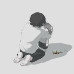  2boys absurdres avogado6 barefoot black_pants black_shorts brown_hair bruise bruise_on_face child child_abuse commentary_request empty_eyes from_behind grey_hair highres hug injury kneeling long_sleeves multiple_boys original pants shirt shorts spill tears white_eyes white_shirt wide-eyed 