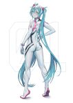  1girl ass bangs blue_eyes blue_hair bodysuit breasts english_commentary from_behind frown hair_between_eyes hand_on_hip hatsune_miku highres long_hair looking_back neon_genesis_evangelion pilot_suit plugsuit small_breasts solo standing twintails vertigris very_long_hair vocaloid white_background white_bodysuit 