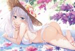  aliasing ass barefoot bikini blue_eyes blush flowers gray_hair hat long_hair original oryou swimsuit third-party_edit water wristwear 