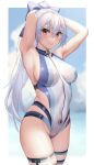  1girl absurdres bangs blue_bow blue_swimsuit bow breasts fate/grand_order fate_(series) hair_between_eyes hair_bow highleg highleg_swimsuit highres large_breasts long_hair looking_at_viewer naruse_(0819) one-piece_swimsuit ponytail red_eyes silver_hair swimsuit thigh_strap thighs tomoe_gozen_(fate) tomoe_gozen_(swimsuit_saber)_(fate) two-tone_swimsuit white_swimsuit 