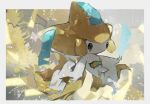  black_eyes blurry border closed_mouth commentary_request full_body gen_3_pokemon green_ribbon highres jirachi kanami_(bprod) mythical_pokemon no_humans outside_border outstretched_arms pokemon pokemon_(creature) rain ribbon signature solo water_drop white_border 