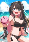  1girl absurdres beach bikini black_bikini black_hair blue_sky breasts cloud day fang feeding highres horizon kantai_collection large_breasts lens_flare long_hair multi-strapped_bikini multicolored_hair naganami_(kancolle) ocean open_mouth outdoors pink_hair pista_land pov remodel_(kantai_collection) side-tie_bikini sky smile solo swimsuit 