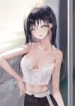  1girl bangs bare_shoulders black_hair black_shorts blush breasts camisole cleavage collarbone green_eyes head_tilt highres long_hair looking_at_viewer midriff minncn navel open_mouth original shorts small_breasts smile solo spaghetti_strap standing white_camisole 