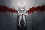  1girl angel bangs barefoot blood blood_on_face crossed_arms full_body grey_hair halo highres knees_up legs_together muted_color on_chair original pale_skin red_eyes short_hair sitting solo wall 