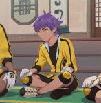  1boy 2others bangs black_shirt black_shorts clenched_hands closed_mouth commentary_request dark-skinned_male dark_skin gloves indoors jacket knee_pads leon_(pokemon) male_focus master_dojo_uniform multiple_others pokemon pokemon_(game) pokemon_swsh purple_hair shirt shoes short_hair shorts sitting sleeves_past_elbows solo_focus stairs yellow_eyes yellow_jacket younger zukki_(suzukio) 