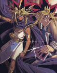  2boys atem bangs black_hair blonde_hair blue_jacket bracelet bright_pupils card clenched_hand cloak closed_mouth commentary_request dark-skinned_male dark_skin dirty duel_disk ear_clip earrings egyptian highres holding holding_card jacket jewelry knees male_focus millennium_puzzle multiple_boys mutou_yuugi necklace outstretched_arm purple_eyes purple_hair school_uniform soya_(sys_ygo) spiked_hair twitter_username white_pupils yu-gi-oh! yu-gi-oh!_duel_monsters 