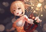  1girl arm_tattoo bandages bare_shoulders blonde_hair breasts chest_tattoo choker cleavage fingerless_gloves fireworks genshin_impact gloves highres japanese_clothes kimono kurisu-kun looking_at_viewer open_mouth orange_kimono sarashi smile solo sparkler tattoo tied_hair yellow_eyes yoimiya_(genshin_impact) 