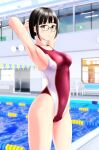  1girl absurdres armpits arms_behind_head bangs bench black_hair blunt_bangs brown_eyes commentary_request competition_swimsuit cowboy_shot glasses highres indoors lane_line looking_at_viewer multicolored multicolored_clothes multicolored_swimsuit one-piece_swimsuit original pool red_swimsuit short_hair solo standing swimsuit takafumi two-tone_swimsuit 
