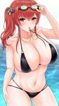 azur_lane bikini black_bikini breasts eyebrows_visible_through_hair goggles goggles_on_head highres holding holding_whistle huge_breasts long_hair looking_at_viewer multi-strapped_bikini multiple_straps o-ring o-ring_bikini official_alternate_costume red_hair satsuka_(258) side_ponytail skindentation solo swimsuit water wet whistle yellow_eyes zara_(azur_lane) zara_(poolside_coincidence)_(azur_lane) 