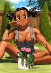  1girl arung_samudra_(cessa) black_eyes blue_sky breasts cessa cleavage cloud cloudy_sky dark-skinned_female dark_skin earrings feet_out_of_frame fence flower gloves hand_up jewelry large_breasts looking_at_viewer naked_overalls ombok_diving_and_delivery_services outdoors overalls pink_flower plant shadow sitting sky smile solo white_flower yellow_gloves 